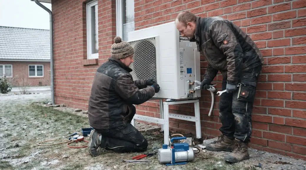 Fachkräfte installieren eine Wärmepumpe